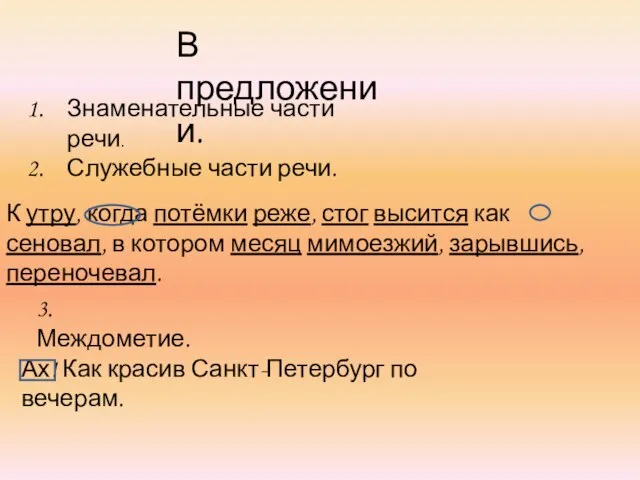 В предложении. Знаменательные части речи. Служебные части речи. К утру, когда потёмки