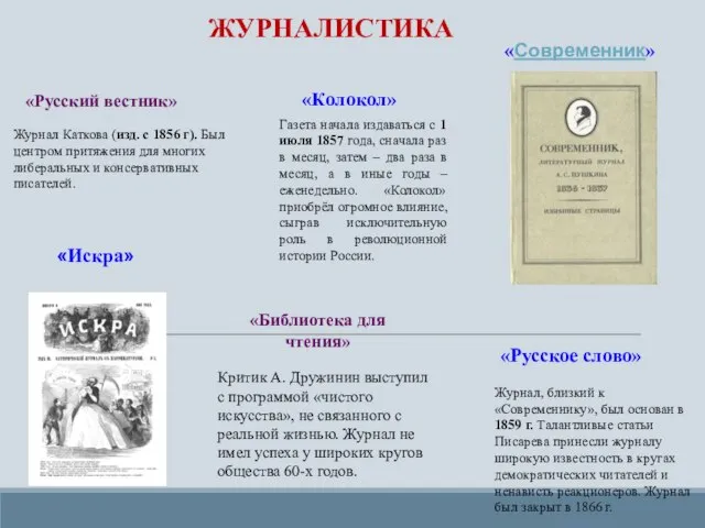 «Современник» «Русское слово» «Колокол» «Искра» Журнал, близкий к «Современнику», был основан в