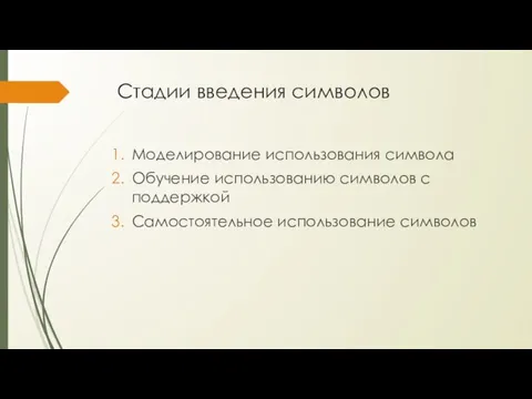 Стадии введения символов Моделирование использования символа Обучение использованию символов с поддержкой Самостоятельное использование символов