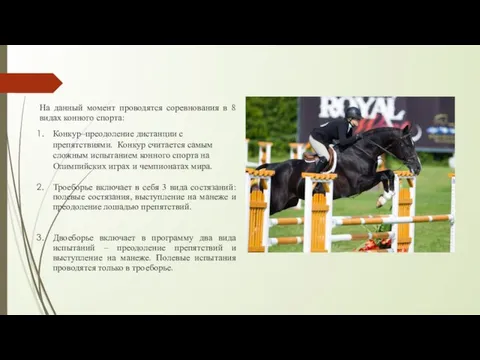 На данный момент проводятся соревнования в 8 видах конного спорта: Конкур–преодоление дистанции