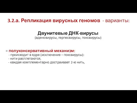 3.2.а. Репликация вирусных геномов - варианты: Двунитевые ДНК-вирусы (аденовирусы, герпесвирусы, поксвирусы) =