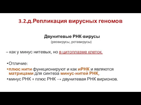 3.2.д.Репликация вирусных геномов Двунитевые РНК-вирусы (реовирусы, ротавирусы) – как у минус нитевых,