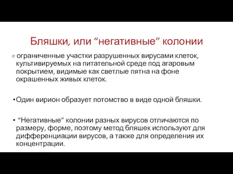 Бляшки, или “негативные” колонии = ограниченные участки разрушенных вирусами клеток, культивируемых на