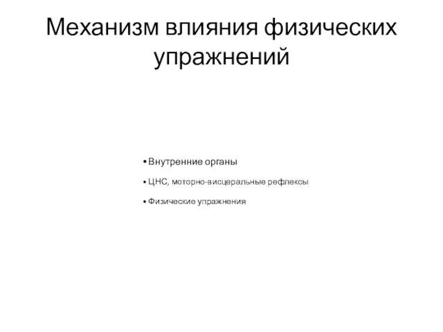 Механизм влияния физических упражнений Внутренние органы ЦНС, моторно-висцеральные рефлексы Физические упражнения