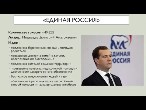 «ЕДИНАЯ РОССИЯ» Количество голосов – 49,82% Лидер: Медведев Дмитрий Анатольевич Идеи :