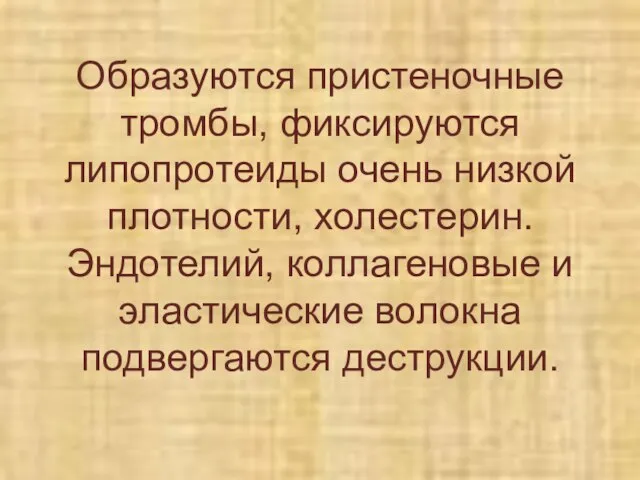 Образуются пристеночные тромбы, фиксируются липопротеиды очень низкой плотности, холестерин. Эндотелий, коллагеновые и эластические волокна подвергаются деструкции.