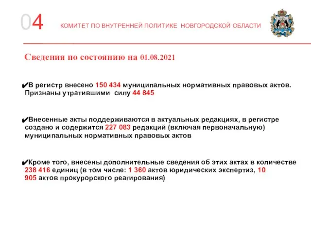 04 КОМИТЕТ ПО ВНУТРЕННЕЙ ПОЛИТИКЕ НОВГОРОДСКОЙ ОБЛАСТИ Сведения по состоянию на 01.08.2021