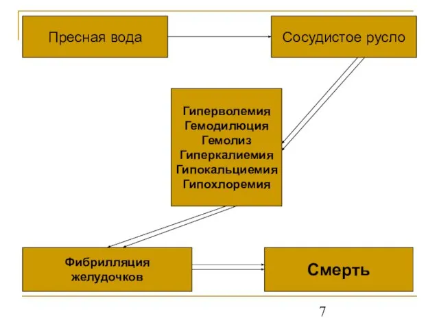 Пресная вода Сосудистое русло Гиперволемия Гемодилюция Гемолиз Гиперкалиемия Гипокальциемия Гипохлоремия Фибрилляция желудочков Смерть