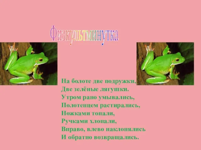 Физкультминутка На болоте две подружки, Две зелёные лягушки. Утром рано умывались, Полотенцем