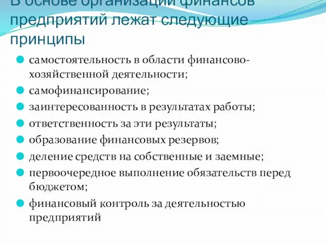 В основе организации финансов предприятий лежат следующие принципы самостоятельность в области финансово-хозяйственной