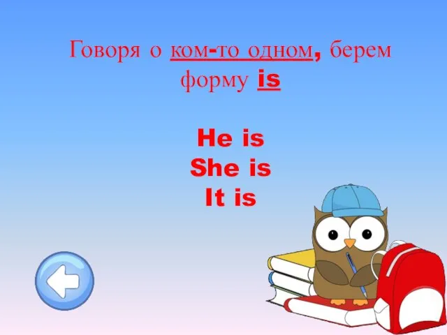 Говоря о ком-то одном, берем форму is He is She is It is