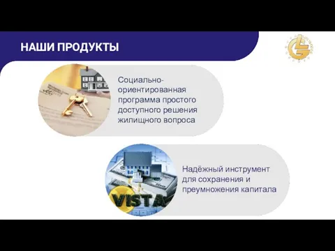 НАШИ ПРОДУКТЫ Социально-ориентированная программа простого доступного решения жилищного вопроса Надёжный инструмент для сохранения и преумножения капитала