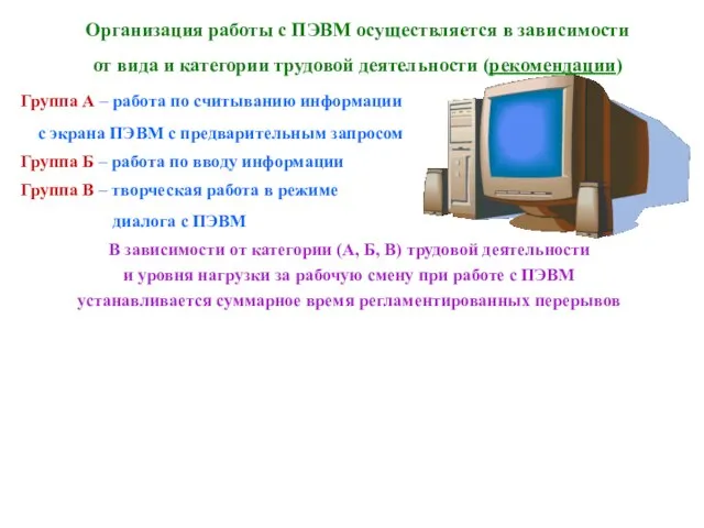 В зависимости от категории (А, Б, В) трудовой деятельности и уровня нагрузки