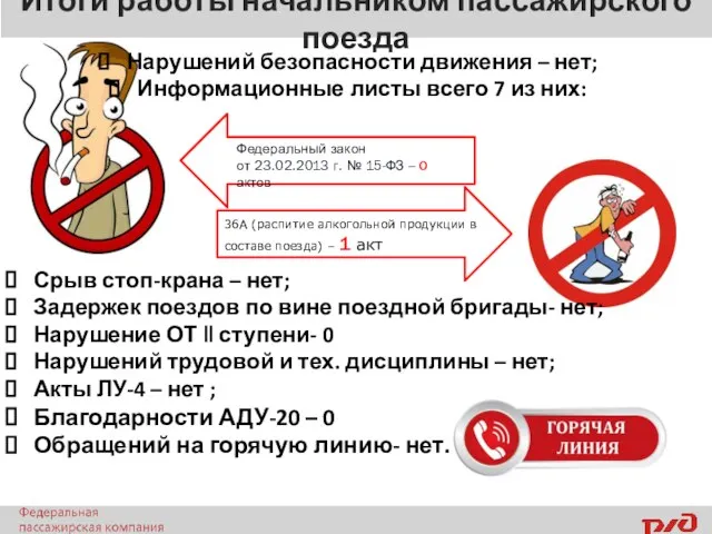 Итоги работы начальником пассажирского поезда Нарушений безопасности движения – нет; Информационные листы