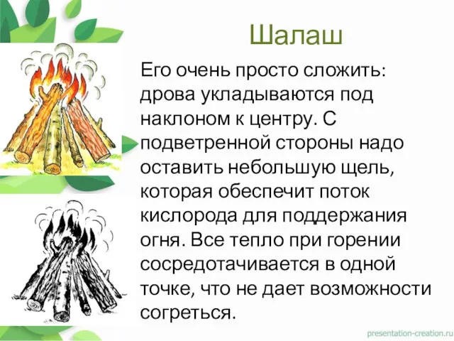 Шалаш Его очень просто сложить: дрова укладываются под наклоном к центру. С