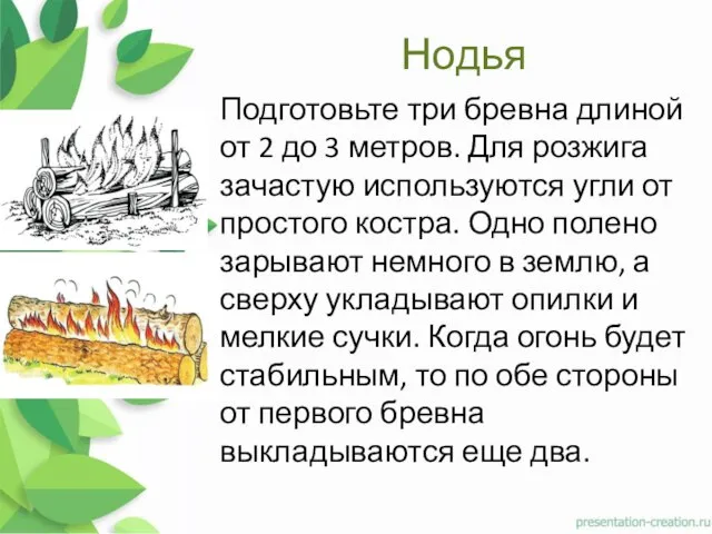 Нодья Подготовьте три бревна длиной от 2 до 3 метров. Для розжига