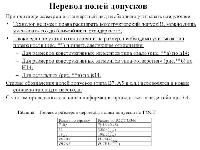 Перевод полей допусков При переводе размеров в стандартный вид необходимо учитывать следующее: