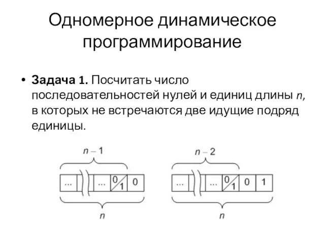 Одномерное динамическое программирование Задача 1. Посчитать число последовательностей нулей и единиц длины