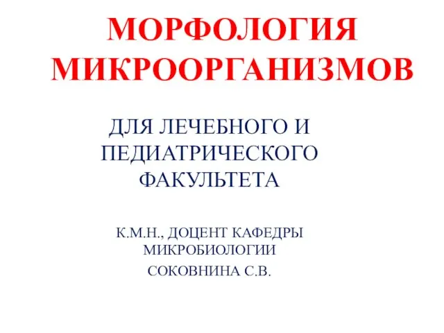 МОРФОЛОГИЯ МИКРООРГАНИЗМОВ ДЛЯ ЛЕЧЕБНОГО И ПЕДИАТРИЧЕСКОГО ФАКУЛЬТЕТА К.М.Н., ДОЦЕНТ КАФЕДРЫ МИКРОБИОЛОГИИ СОКОВНИНА С.В.