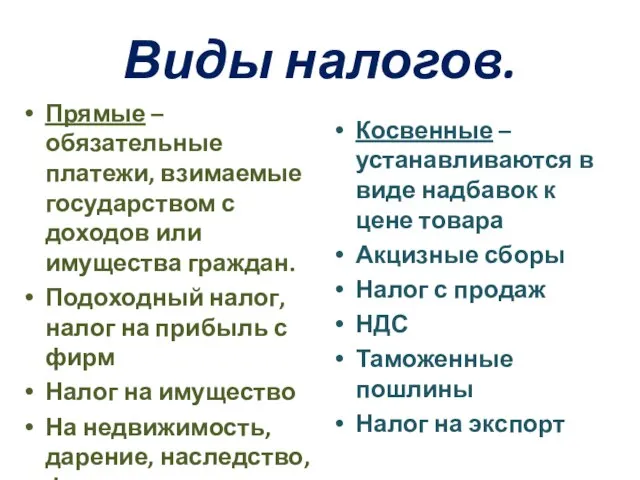 Виды налогов. Прямые – обязательные платежи, взимаемые государством с доходов или имущества