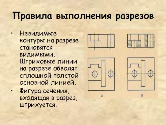 Правила выполнения разрезов Невидимые контуры на разрезе становятся видимыми. Штриховые линии на