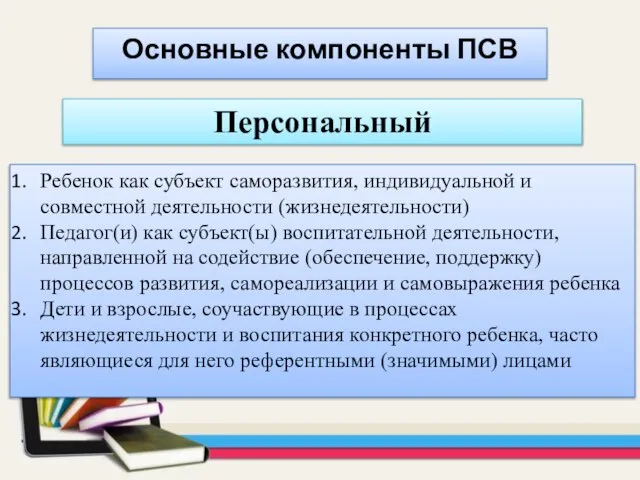 Основные компоненты ПСВ Персональный Ребенок как субъект саморазвития, индивидуальной и совместной деятельности