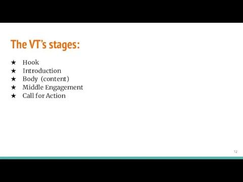 The VT’s stages: Hook​ Introduction​ Body (content)​ Middle Engagement​ Call for Action
