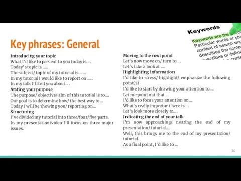 Key phrases: General Introducing your topic What I’d like to present to