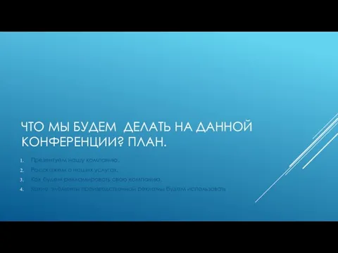 ЧТО МЫ БУДЕМ ДЕЛАТЬ НА ДАННОЙ КОНФЕРЕНЦИИ? ПЛАН. Презентуем нашу компанию. Расскажем