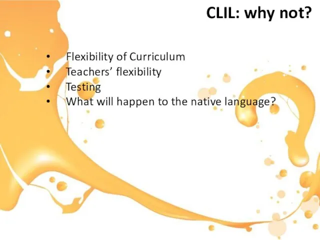 CLIL: why not? Flexibility of Curriculum Teachers’ flexibility Testing What will happen to the native language?