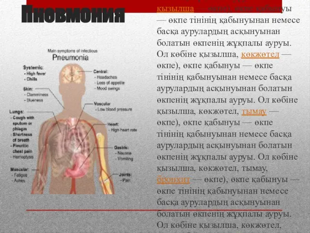 Пневмония Пневмония (гр. pneumon — өкпе), өкпе қабынуы — өкпе тінінің қабынуынан