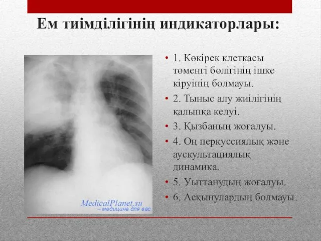 Ем тиімділігінің индикаторлары: 1. Көкірек клеткасы төменгі бөлігінің ішке кіруінің болмауы. 2.