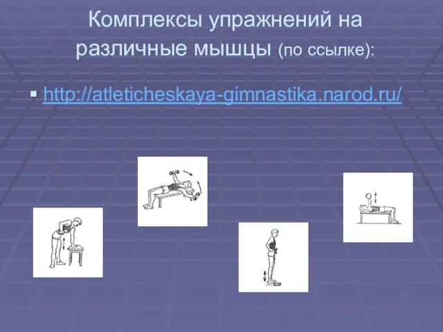 Комплексы упражнений на различные мышцы (по ссылке): http://atleticheskaya-gimnastika.narod.ru/