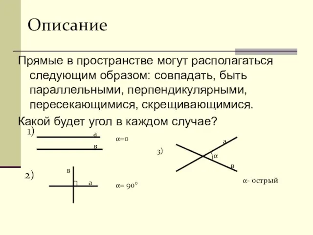 Прямые в пространстве могут располагаться следующим образом: совпадать, быть параллельными, перпендикулярными, пересекающимися,