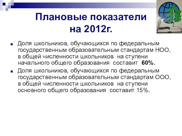 Плановые показатели на 2012г. Доля школьников, обучающихся по федеральным государственным образовательным стандартам