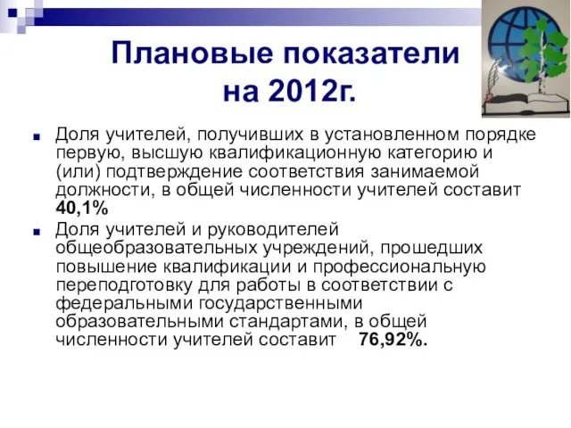 Плановые показатели на 2012г. Доля учителей, получивших в установленном порядке первую, высшую