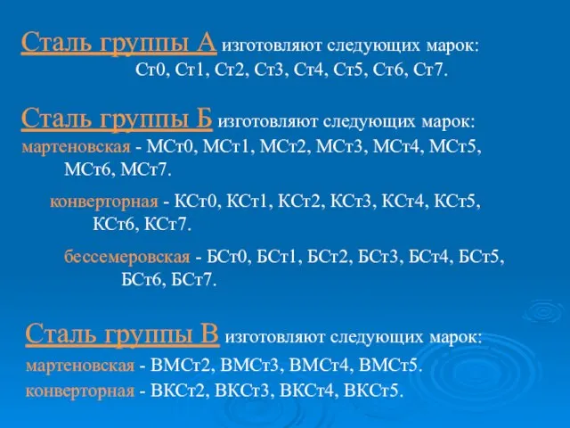 Сталь группы А изготовляют следующих марок: Ст0, Ст1, Ст2, Ст3, Ст4, Ст5,