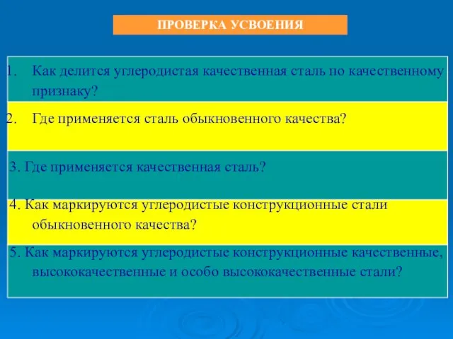 ПРОВЕРКА УСВОЕНИЯ Как делится углеродистая качественная сталь по качественному признаку? Где применяется