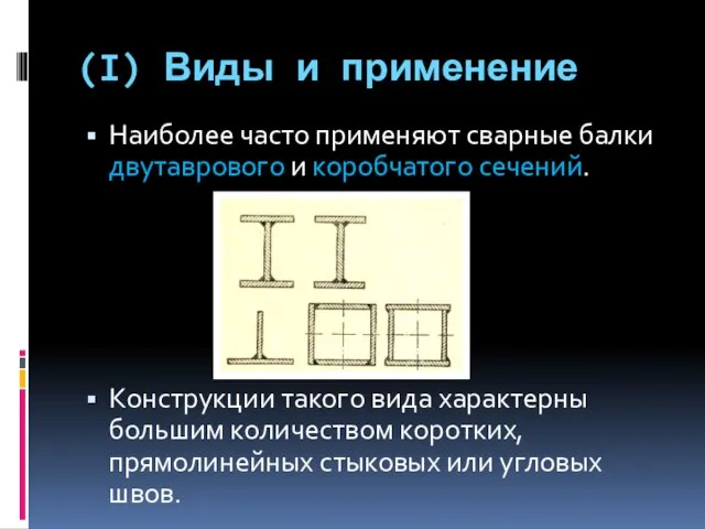 (I) Виды и применение Наиболее часто применяют сварные балки двутаврового и коробчатого