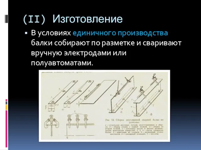 (II) Изготовление В условиях единичного производства балки собирают по разметке и сваривают вручную электродами или полуавтоматами.