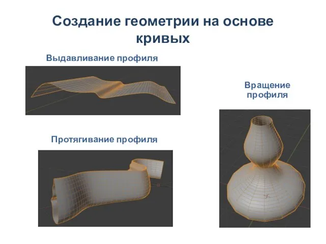 Создание геометрии на основе кривых Выдавливание профиля Протягивание профиля Вращение профиля