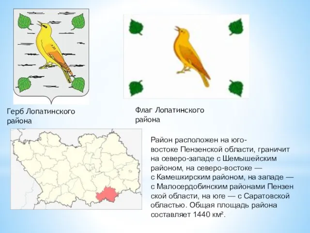 Герб Лопатинского района Флаг Лопатинского района Район расположен на юго-востоке Пензенской области,