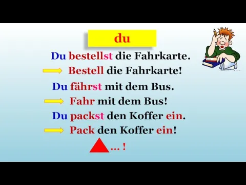 Du bestellst die Fahrkarte. du Bestell die Fahrkarte! Du fährst mit dem