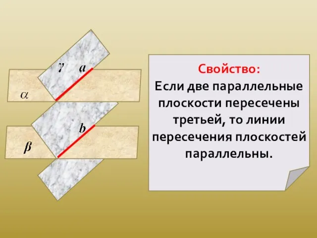 Свойство: Если две параллельные плоскости пересечены третьей, то линии пересечения плоскостей параллельны.