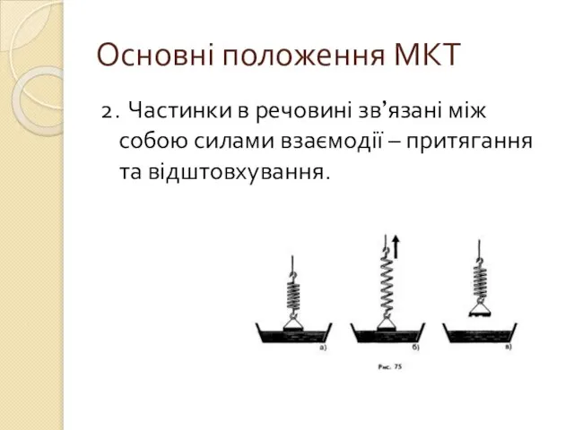 Основні положення МКТ 2. Частинки в речовині зв’язані між собою силами взаємодії – притягання та відштовхування.