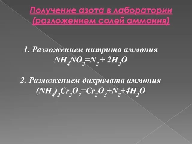 Получение азота в лаборатории (разложением солей аммония) 1. Разложением нитрита аммония NH4NO2=N2