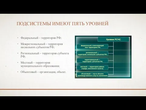 ПОДСИСТЕМЫ ИМЕЮТ ПЯТЬ УРОВНЕЙ Федеральный – территория РФ; Межрегиональный – территория нескольких