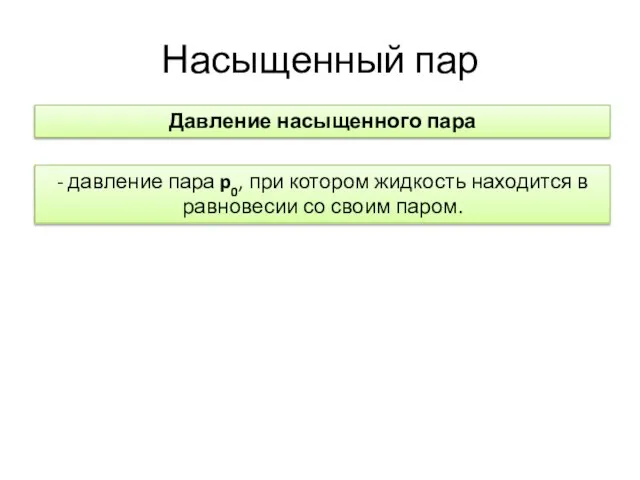 Насыщенный пар Давление насыщенного пара - давление пара p0, при котором жидкость