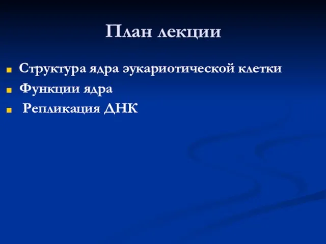 План лекции Структура ядра эукариотической клетки Функции ядра Репликация ДНК