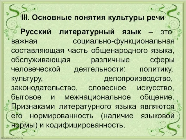 III. Основные понятия культуры речи Русский литературный язык – это важная социально-функциональная